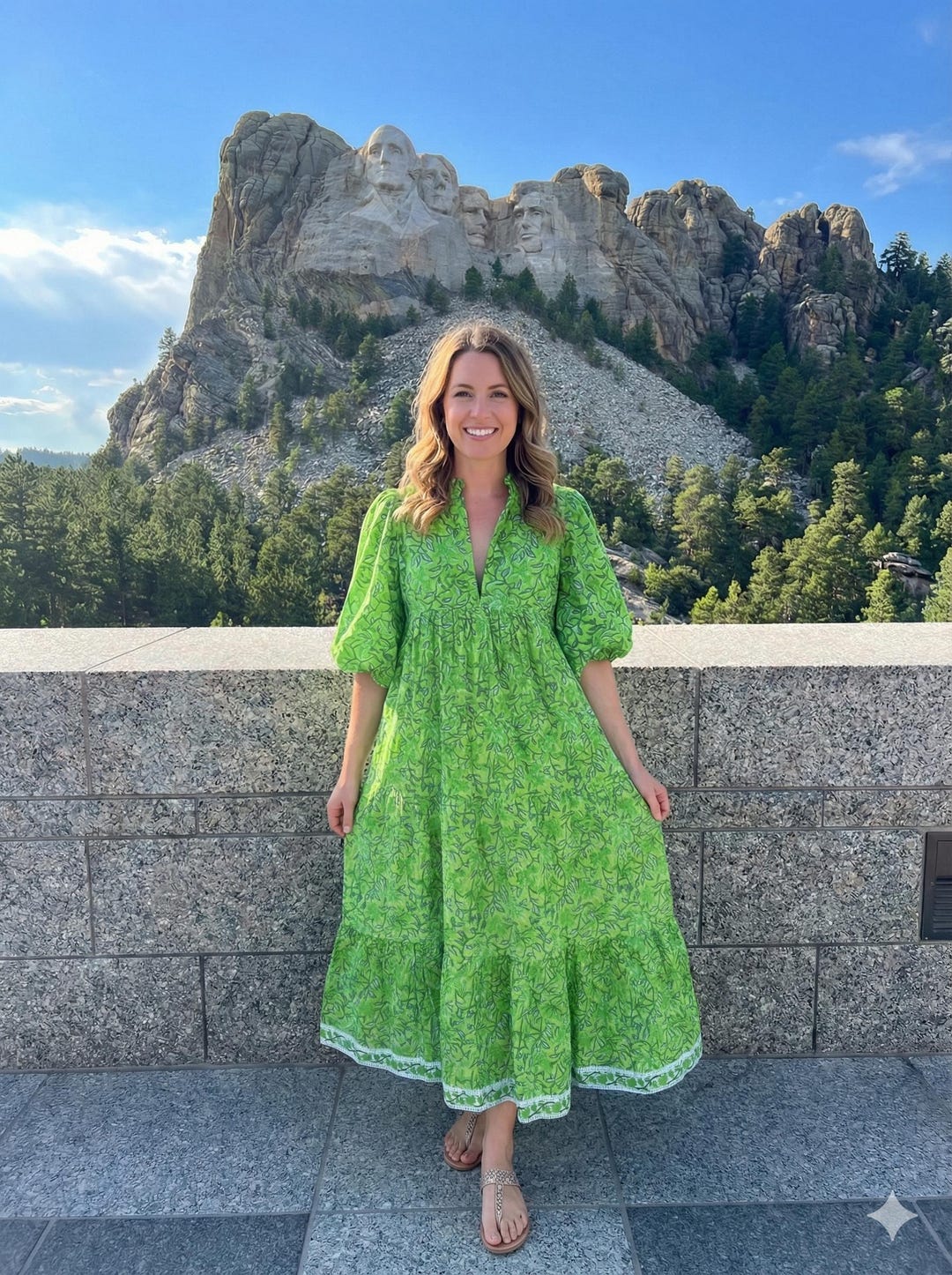 Green Floral Hand Block Printed Cotton Maxi Dress - Puff Sleeve Boho Summer Dress - Tiered Indian Long Dress for Women