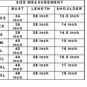 May include: Size chart for clothing with measurements in inches for bust, length, and shoulder. Sizes include XXS, XS, S, M, L, XL, 2XL, and 3XL.
