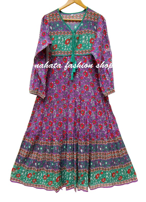 Floral Cotton Voile Maxi Dress - Long Sleeve Bohemian Tassel Dress