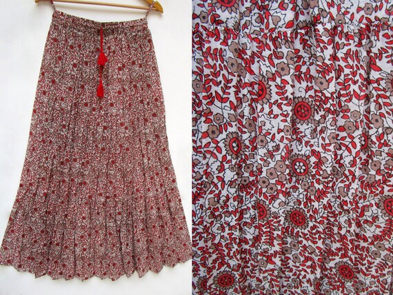 Red Brown Flowery Look Printed Cotton Long Maxi Skirts Etsy Canada