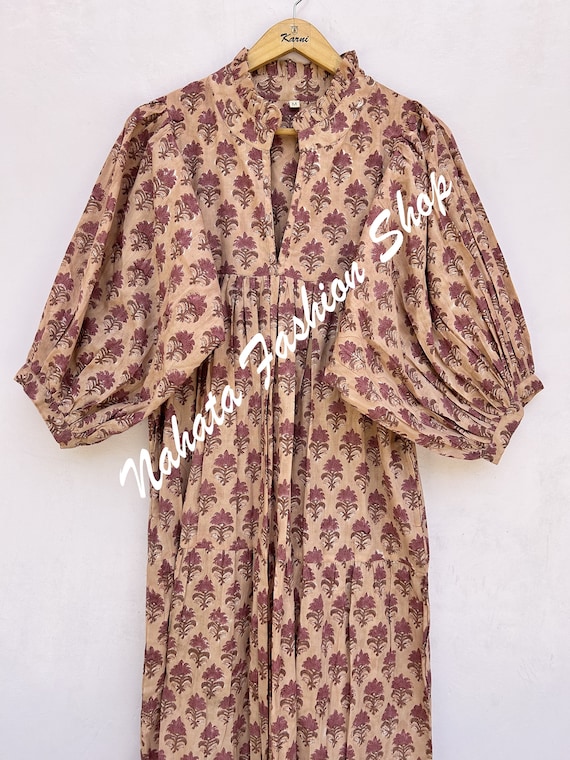 Purple Brown Floral Women's Maxi Dress - 3/4th Sleeves With Sleeves Buttons Cotton Dress - Long Dress With Belt