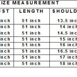 K&ouml;nnte beinhalten: Gr&ouml;&szlig;entabelle f&uuml;r Kleidung mit Ma&szlig;en in Zoll f&uuml;r Brustumfang, L&auml;nge und Schulter. Die Gr&ouml;&szlig;en umfassen XXS, XS, S, M, L, XL, XXL und XXXL.