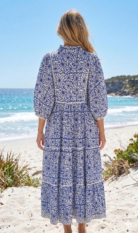 blue and white long sleeve dress Block Print Cotton Tiered Maxi – Boho Indian Summer Dress With Sleeves Designed by DJM in her Palm Beach studio for an authentic Iconic 1960s Look Solid & Striped Women's Long