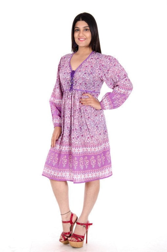 Floral Cotton Voile Mini Dress - Long Sleeve Tassel V-Neck