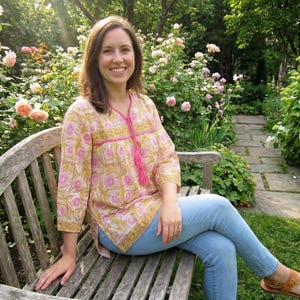 Yellow Pink Floral Cotton Tunic – Hand Block Print Boho Top with Tassels – Indian Loose Fit Blouse – Ethnic Summer tops image 1