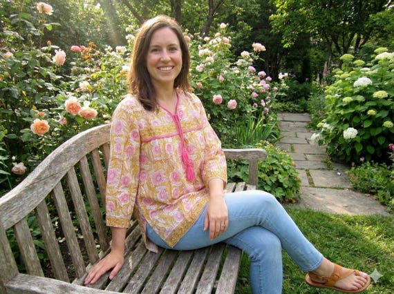 Yellow Pink Floral Cotton Tunic – Hand Block Print Boho Top with Tassels – Indian Loose Fit Blouse – Ethnic Summer tops