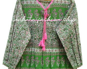Baumwolle grün rosa Blumen Siebdruck Bluse und Tops - lange Ärmel Damen Oberteile - V-Ausschnitt mit Quasten Bluse