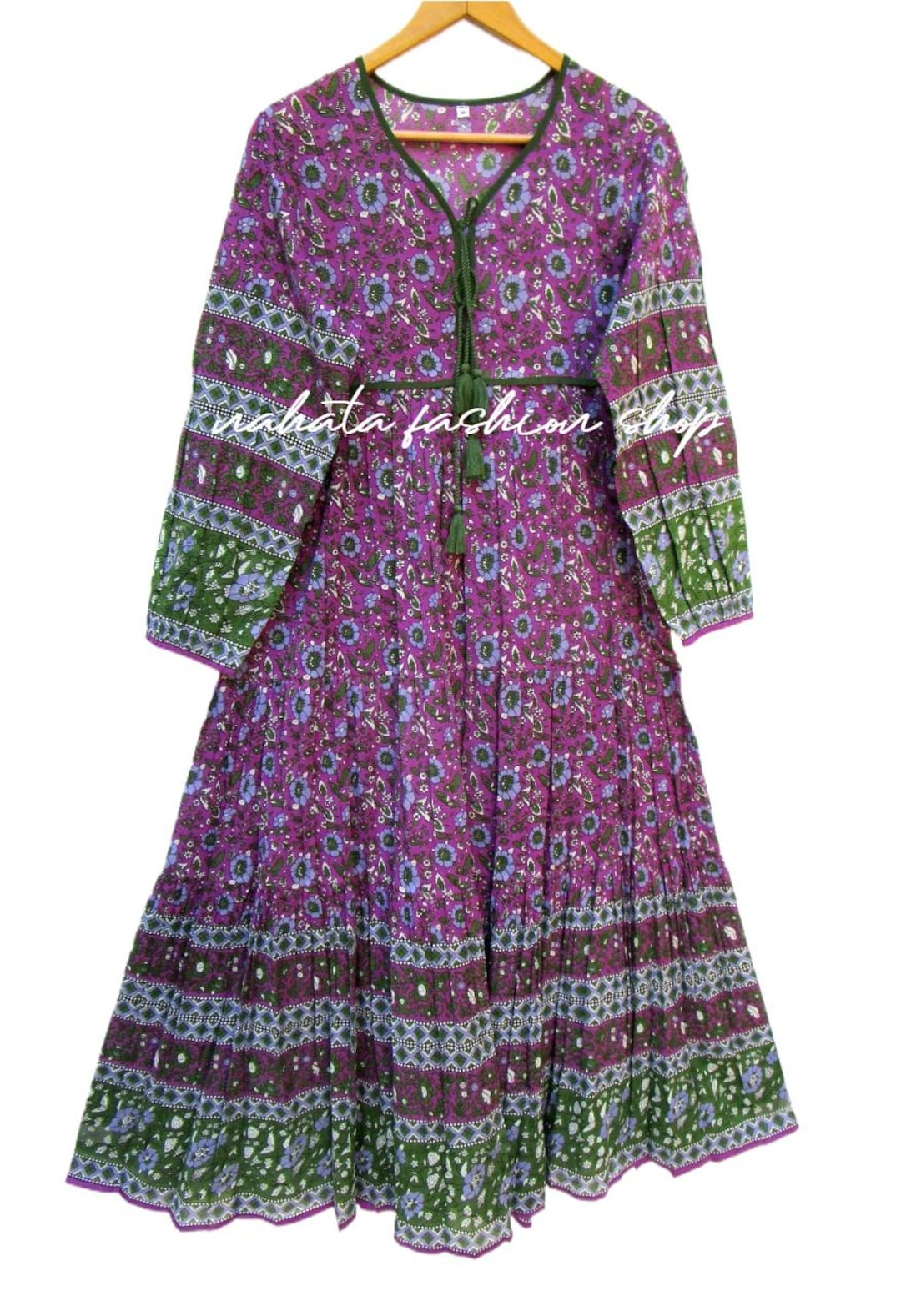 Purple Green Floral Maxi Dress - Boho Cotton Block Print Dress with Tassel Tie | Long Sleeve Indian Dress Purple Green Floral Maxi Dress - Boho Cotton Block Print Dress with Tassel Tie | Long Sleeve Indian Dress
