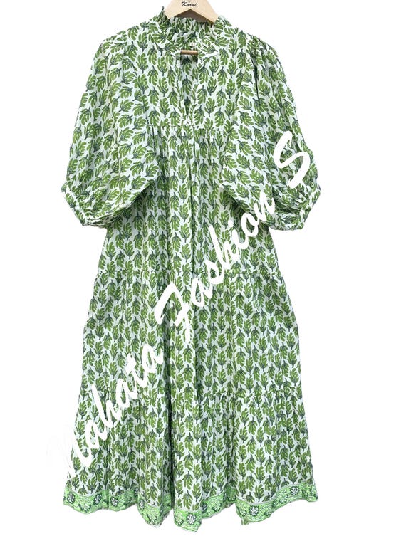 Green Big Leaf Hand Block Printed Cotton Long Maxi Dress - V Frill Neckline with Belt Summer Dress - 3/4 Sleeves with Button Bohemian Maxi