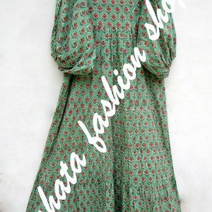 green pink floral printed cotton long maxi dress v neckline maxi dress 3/4th sleeve with button maxi dress image 7