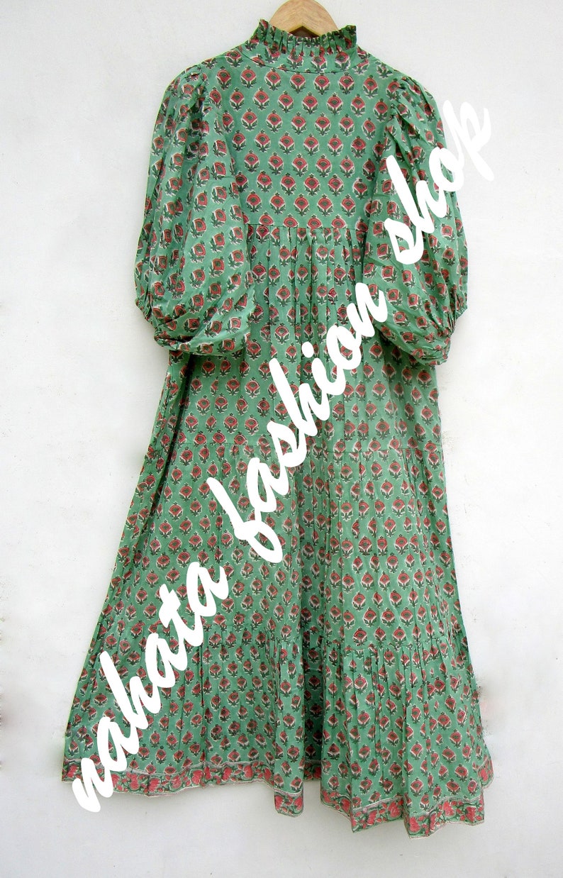green pink floral printed cotton long maxi dress v neckline maxi dress 3/4th sleeve with button maxi dress image 7