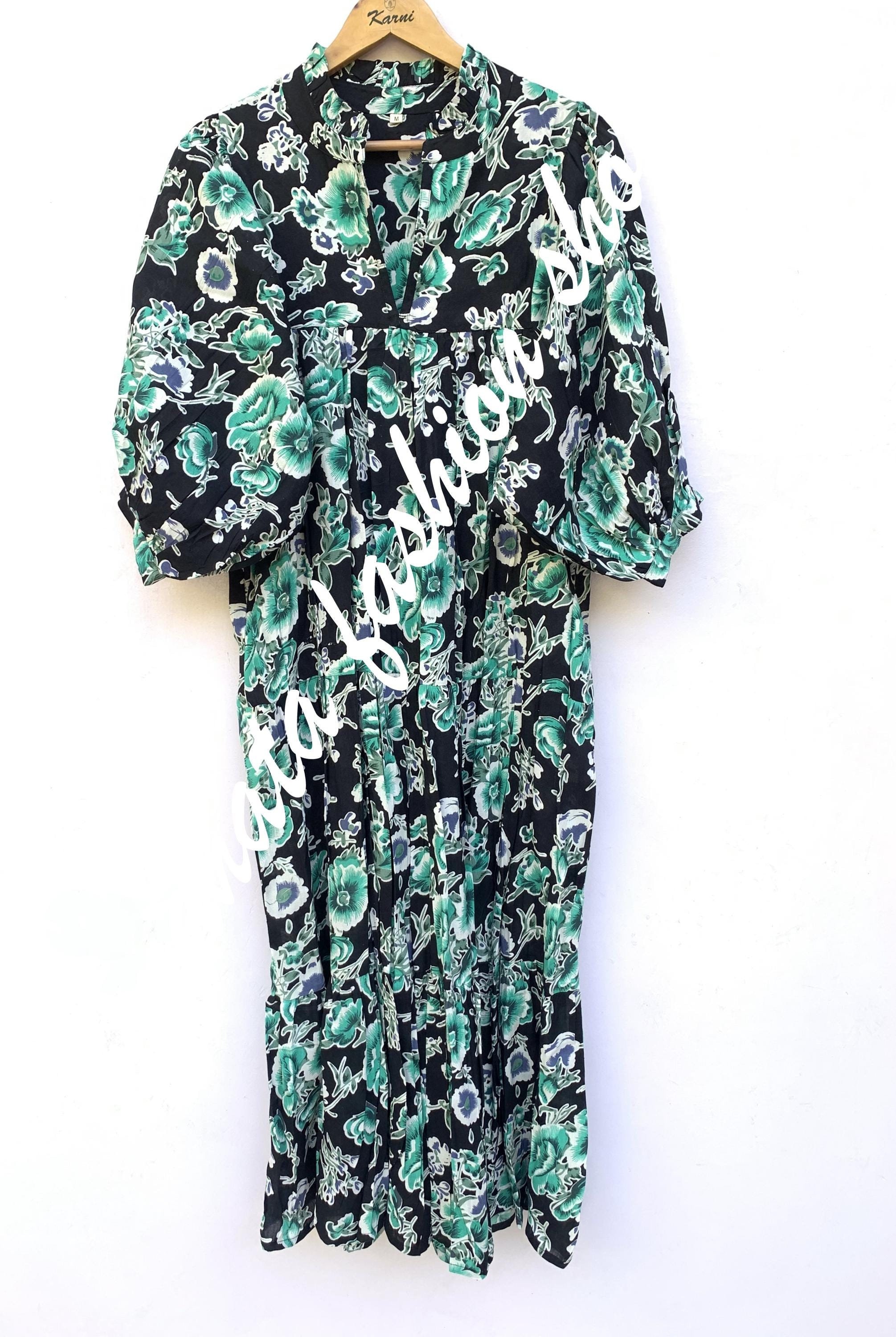 Bohemian Rayon Black -green Floral Screen Printed Women's Maxi Dress -  Frill Collar With Belt Boho Long Dress - Etsy