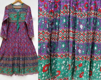 new design cotton printed Indian look long maxi dress - long sleeve bohemian look maxi dress - v neckline with tassel maxi dress