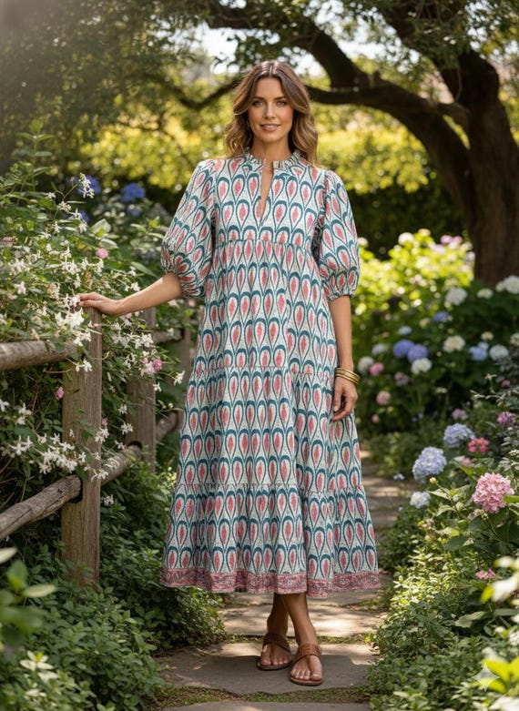 boho tiered dress Womens Botanical Waist 30 Scoop Neck Long Dress OSTOO