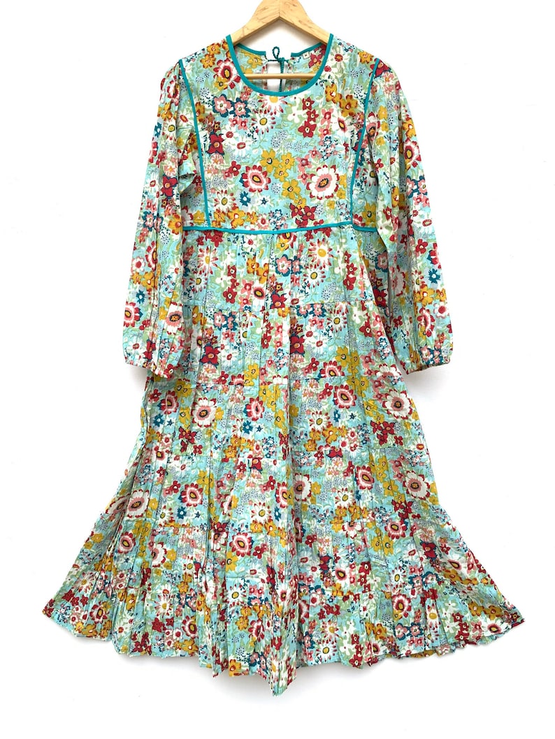 turquoise floral round neck boho long dress tie back cotton maxi dress casual summer dress hippie evening gown