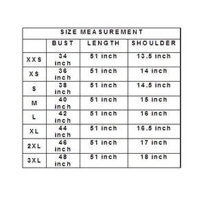 May include: Size chart for clothing with measurements in inches for bust, length, and shoulder. Sizes include XXS, XS, S, M, L, XL, 2XL, and 3XL.