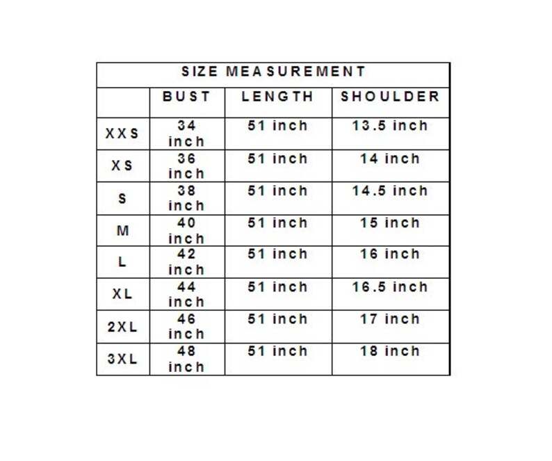 May include: Size chart for clothing with measurements in inches for bust, length, and shoulder. Sizes include XXS, XS, S, M, L, XL, 2XL, and 3XL.