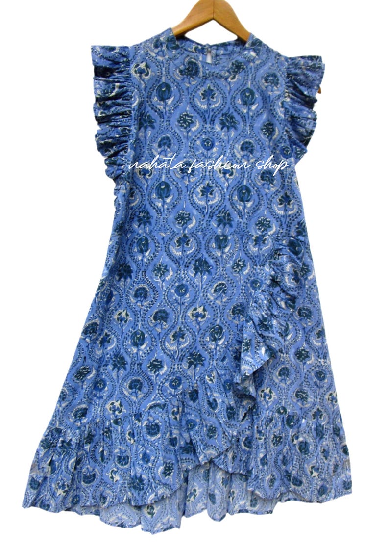 elegant royal blue floral printed cotton vintage style mini dress - crew neckline with buttons mini maxi dress - short sleeve mini dress image 1