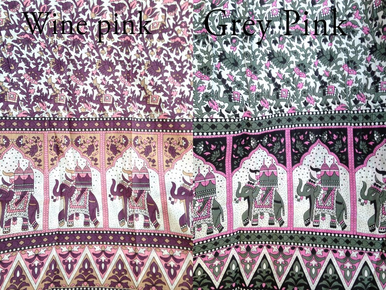 May include: Two fabric swatches with a repeating pattern of elephants and floral designs. The left swatch is labeled "Wine Pink" and the right swatch is labeled "Grey Pink".