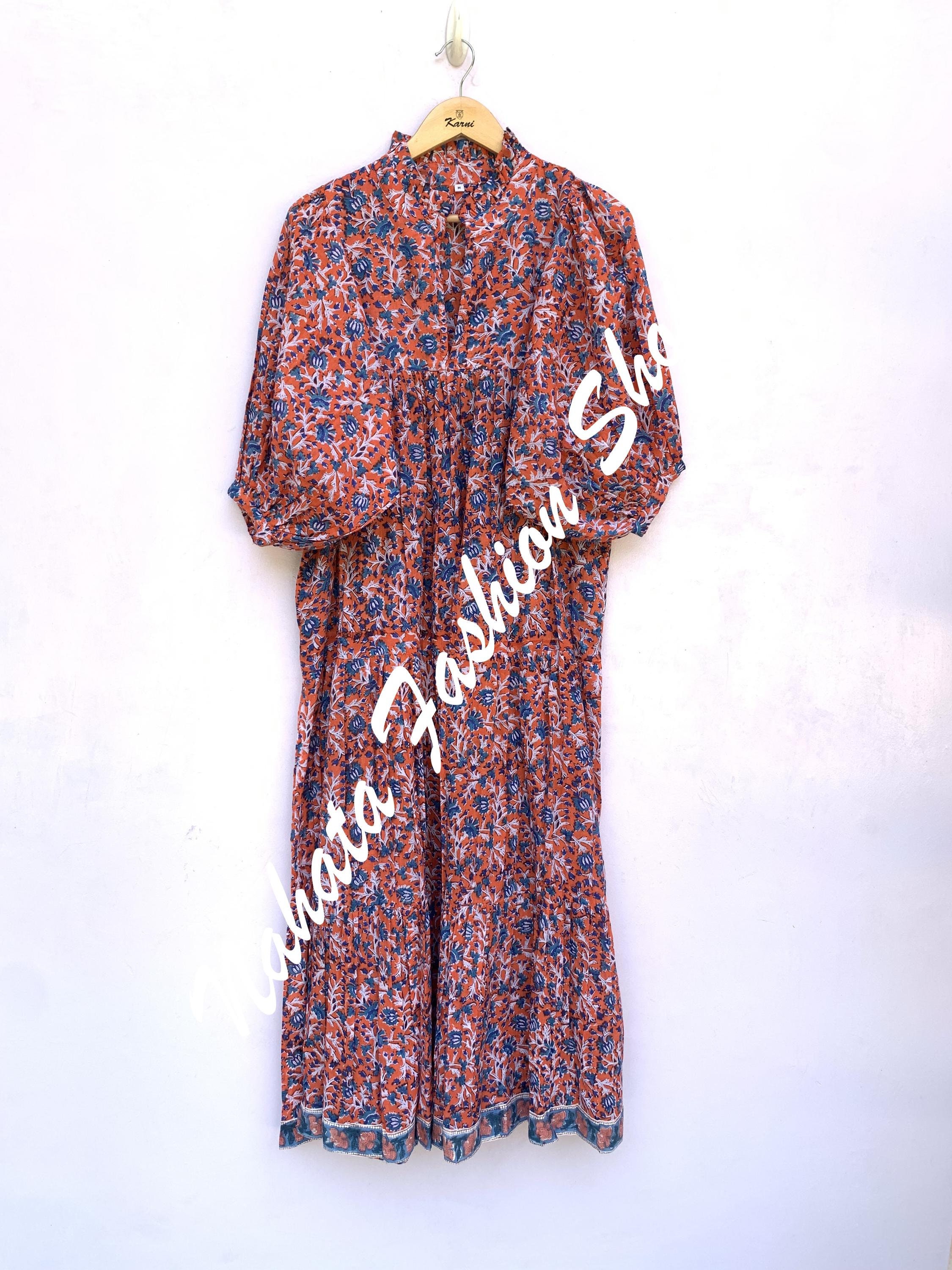 halloween orange floral block printed cotton maxi dress - v neckline with frill collar bohemian maxi - 3/4th button sleeve long dress