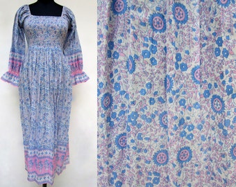 summer ethnic printed cotton long maxi dress - square neckline with smocked bohemian maxi dress - long sleeve women maxi dress