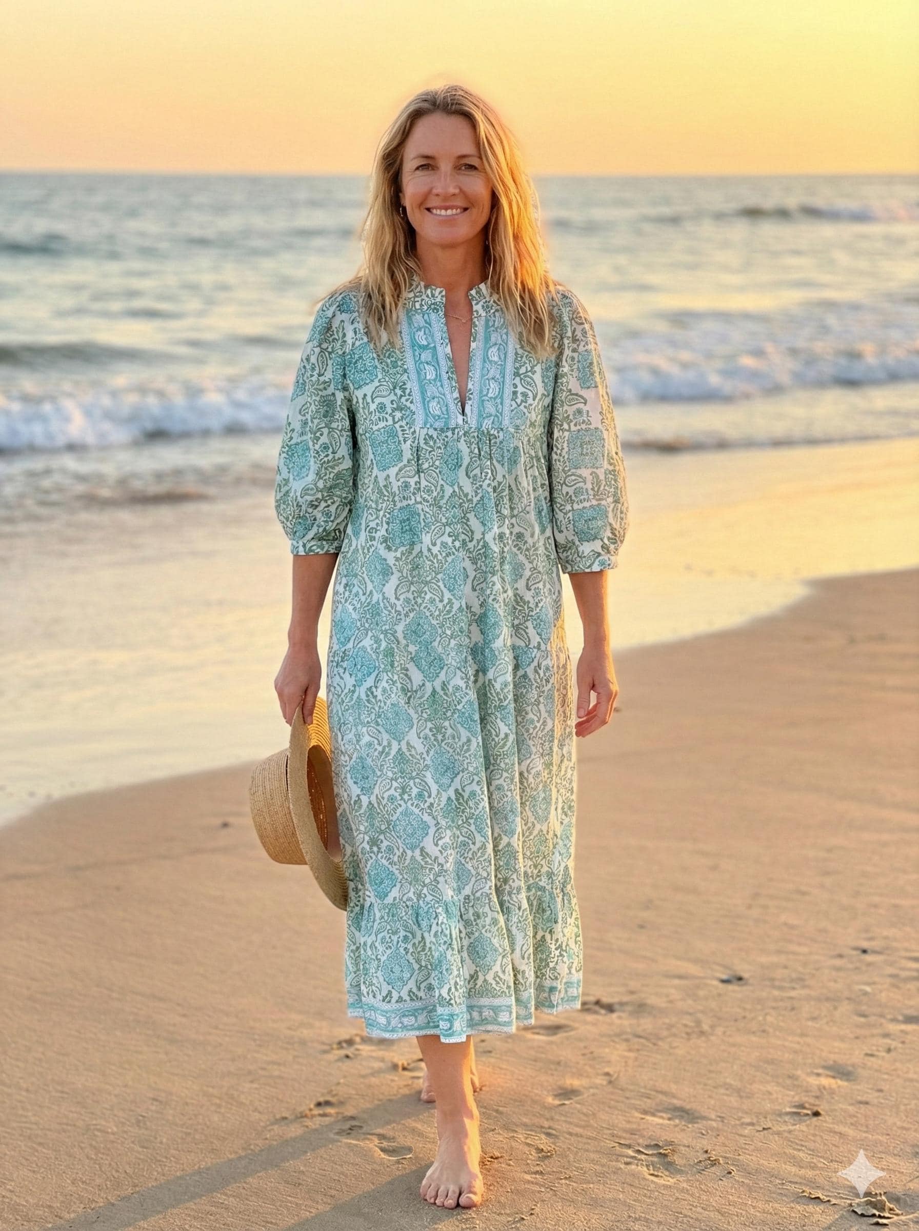 Bohemian Green Blue Floral Hand Block Printed Women's Maxi Dress - Frill Collar With Belt Cotton Long Dress