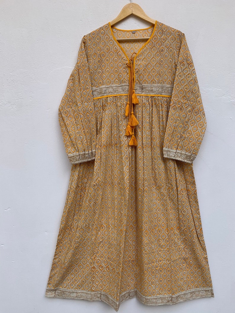 Cotton mustard yellow and grey block printed Karni maxi | Etsy