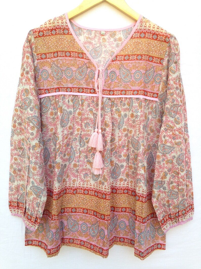 Pink paisley cotton boho summer blouse top long sleeve | Etsy
