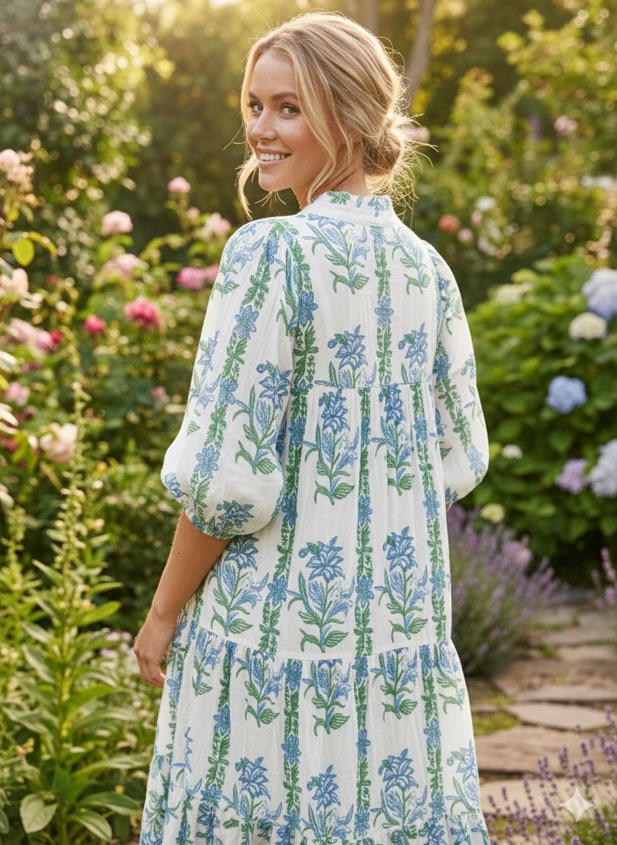 Abito Lungo Anarkali In Cotone Blu Stampa Floreale – Kurti Indiano Donna – KIMAYRA