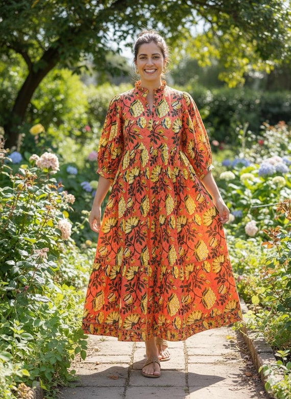 boho midi dress with sleeves Floral Print Long Sleeve Rust / L Step into floral elegance with our stunning floral midi dress Multicolor Floral Block Print Cotton