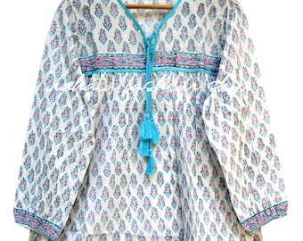 solo plants printed cotton beach wear tops and blouse - v neckline with tassel Indian blouse and tops