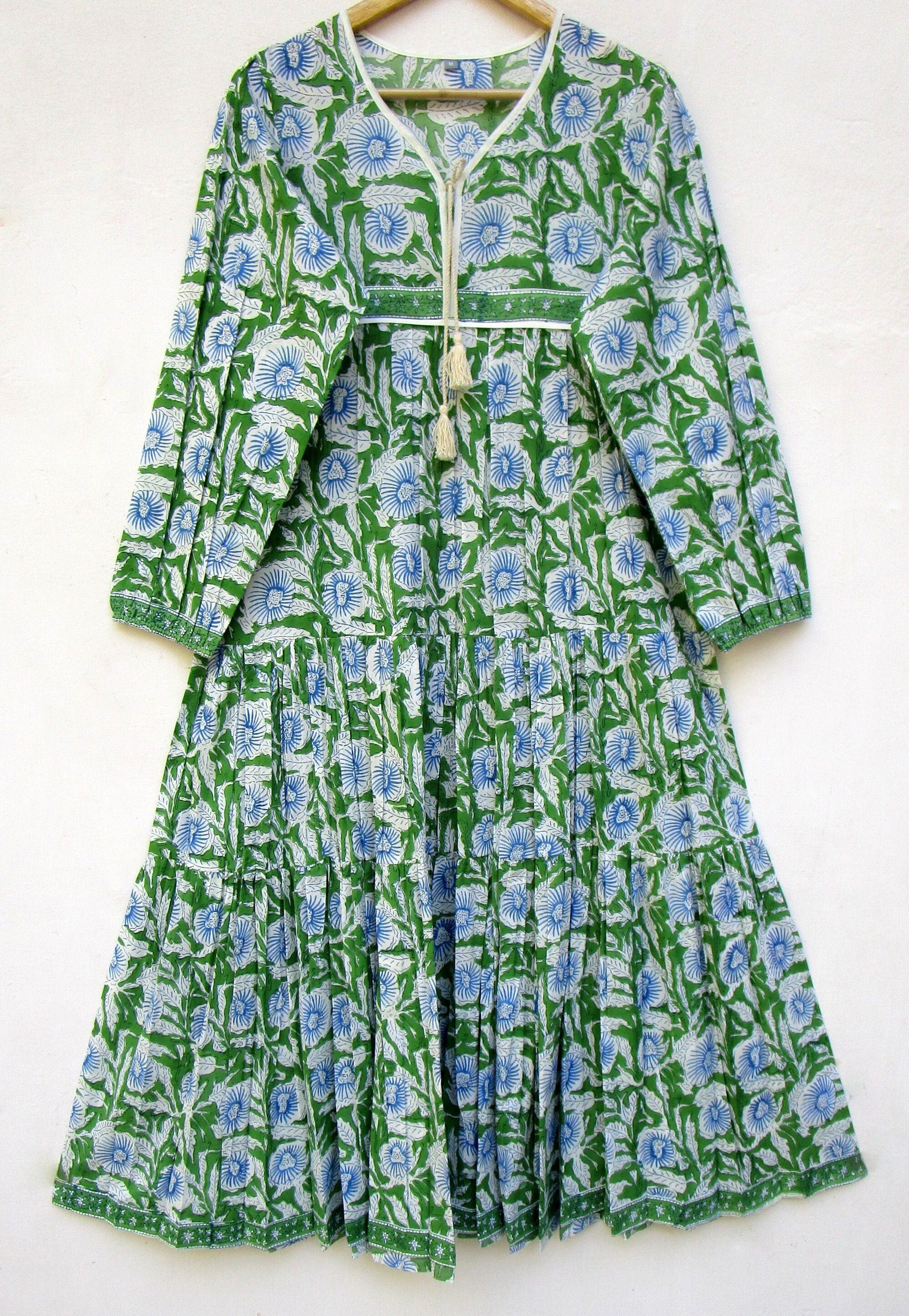 green & blue cool floral printed maxi dress - long sleeve with tassel…
