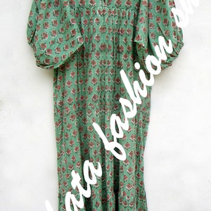 green pink floral printed cotton long maxi dress v neckline maxi dress 3/4th sleeve with button maxi dress image 6