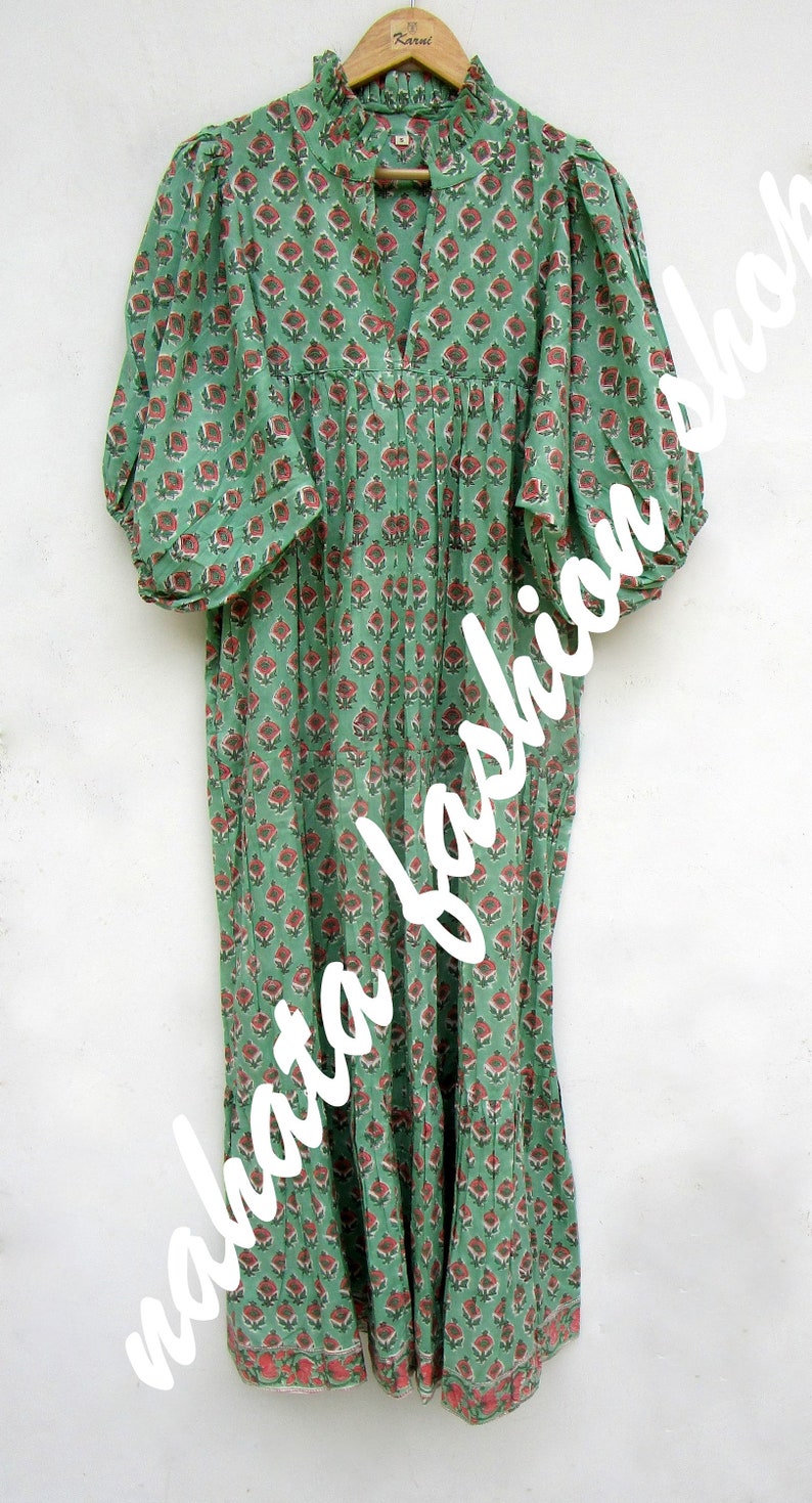 green pink floral printed cotton long maxi dress v neckline maxi dress 3/4th sleeve with button maxi dress image 6