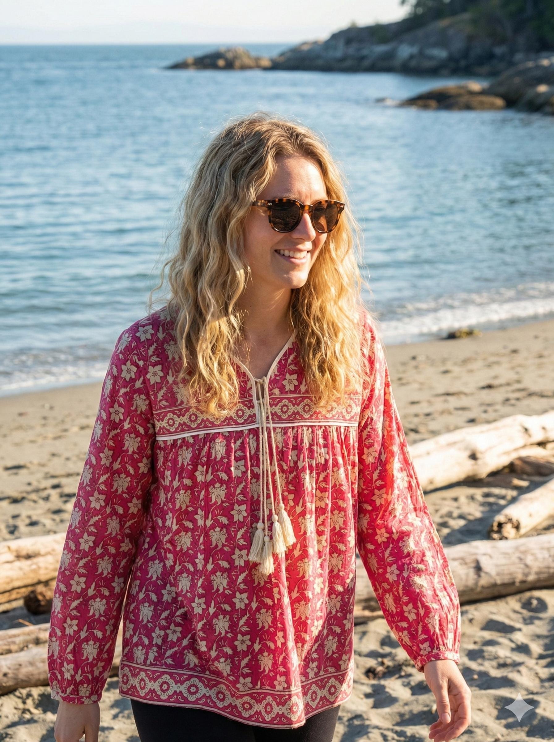 Indian Beige Flower Red Printed Women's Blouses - Long Sleeve With