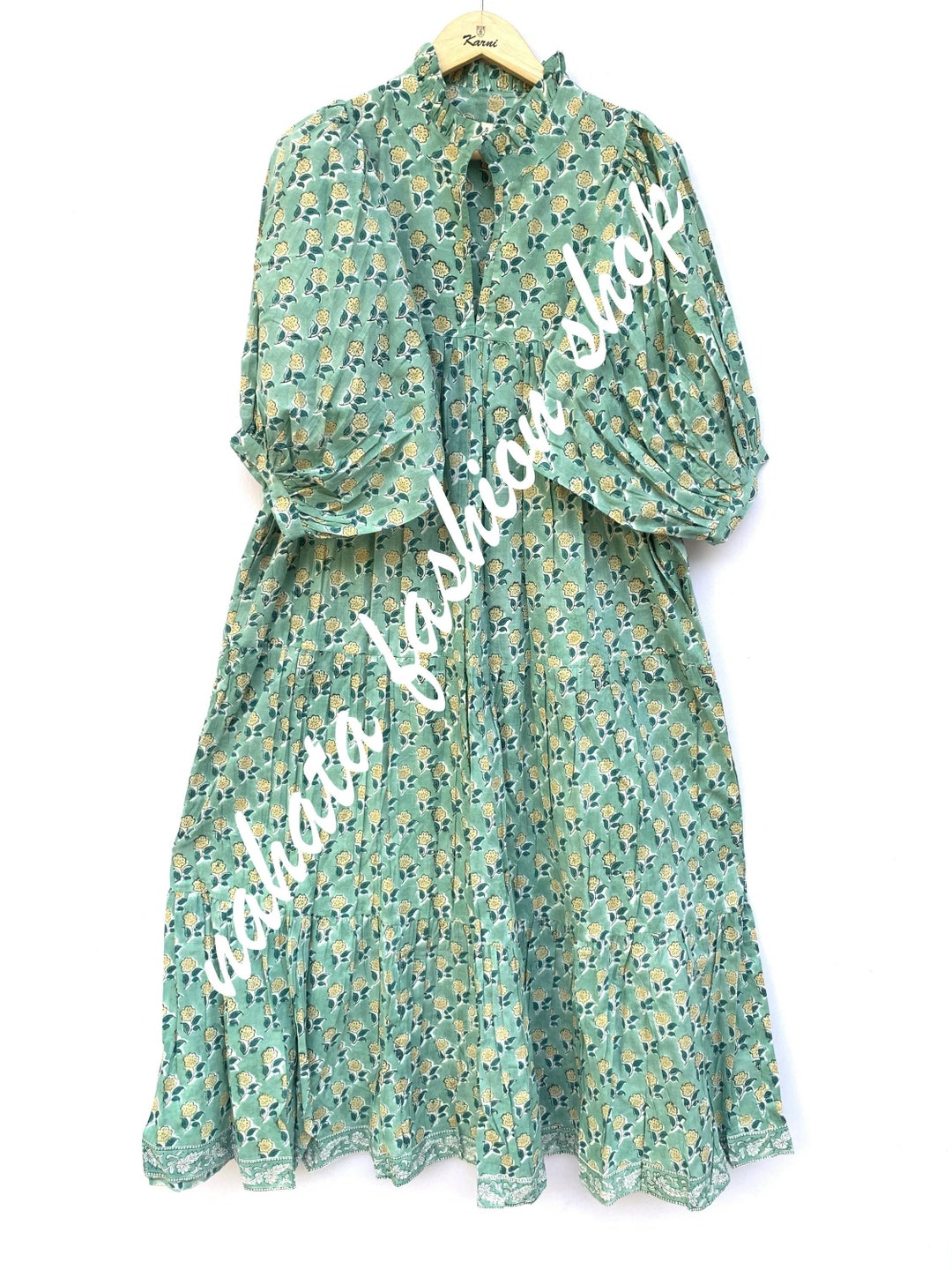 green floral hand block printed women's maxi dress - frill collar with belt dress - 3-4th sleeves boho dress
