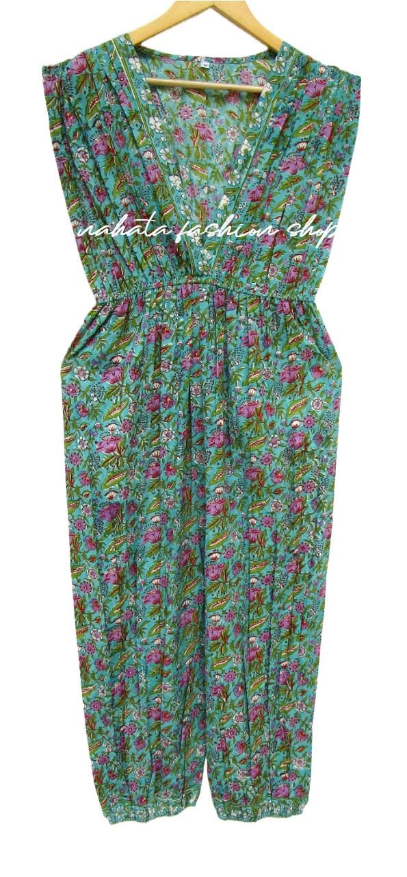 cotton travel wear amazing floral printed long jumpsuit - v neckline summer wear jumpsuit - sleeve less bohemian jumpsuit