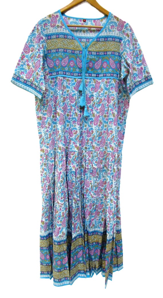 cotton traditional paisley pattern printed long maxi dress - v neckline with tassel summer dress - half sleeve boho maxi