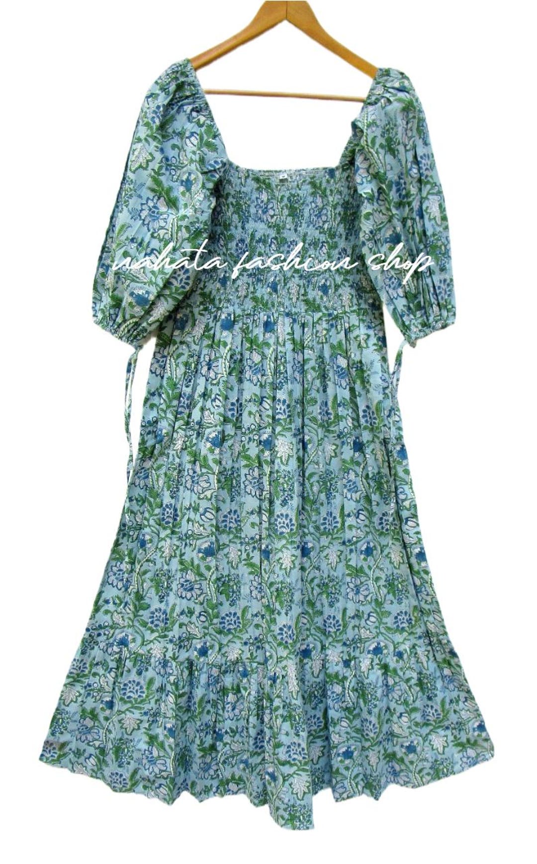 ブルーグリーンフローラルコットンマキシドレス - スクエアネック