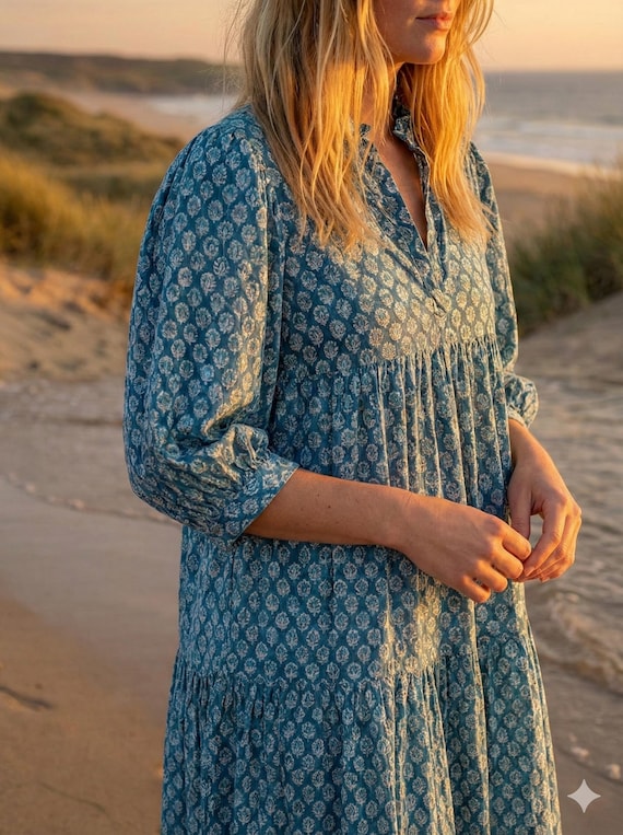 long sleeve block print dress The Mary maxi shirtdress in green and blue freesia block print Grace Harris Collection