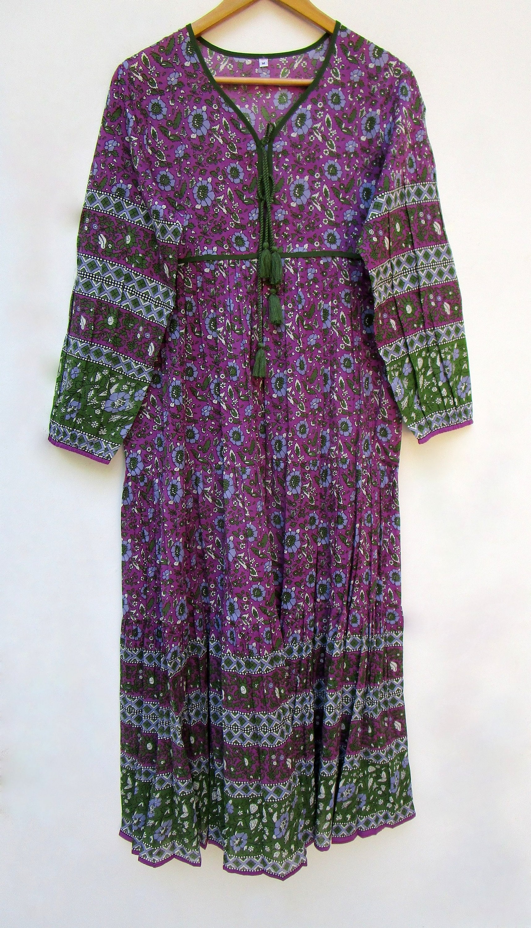 Purple Green Floral Maxi Dress - Boho Cotton Block Print Dress with Tassel Tie | Long Sleeve Indian Dress