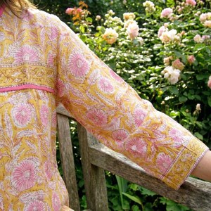 Yellow Pink Floral Cotton Tunic – Hand Block Print Boho Top with Tassels – Indian Loose Fit Blouse – Ethnic Summer tops image 3