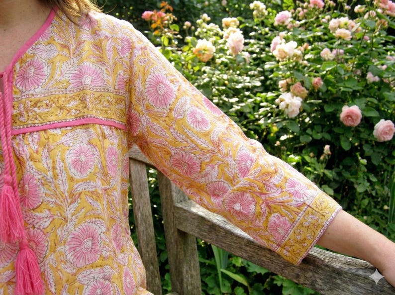 Yellow Pink Floral Cotton Tunic – Hand Block Print Boho Top with Tassels – Indian Loose Fit Blouse – Ethnic Summer tops image 3