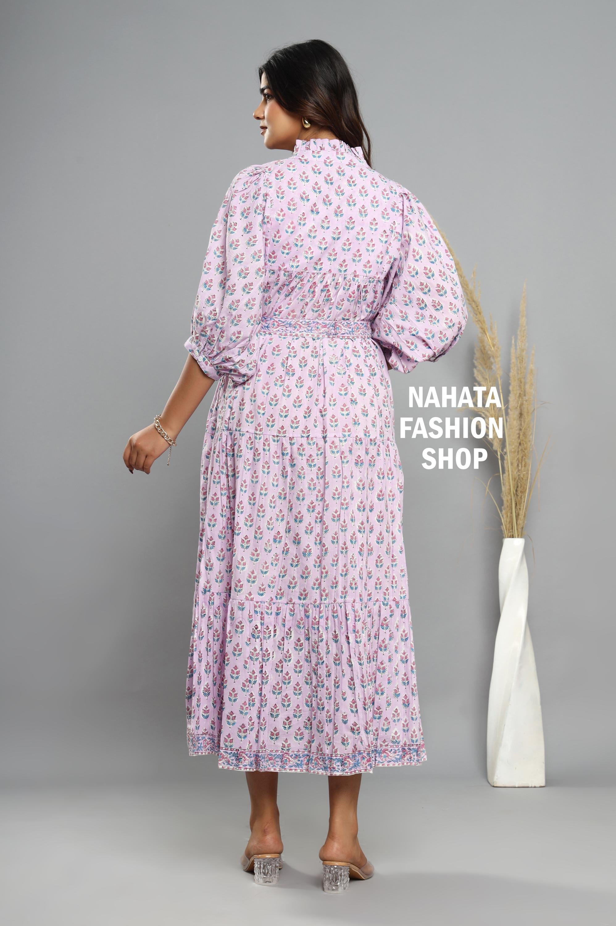 Purple Tulip Hand Block Printed Women's Cotton Maxi Dress - Frill