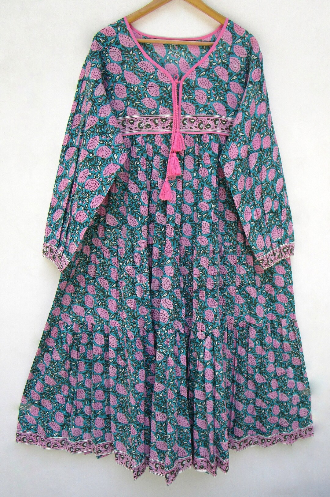 Pink Sea Green Floral Printed Cotton Long Maxi Dress V - Etsy