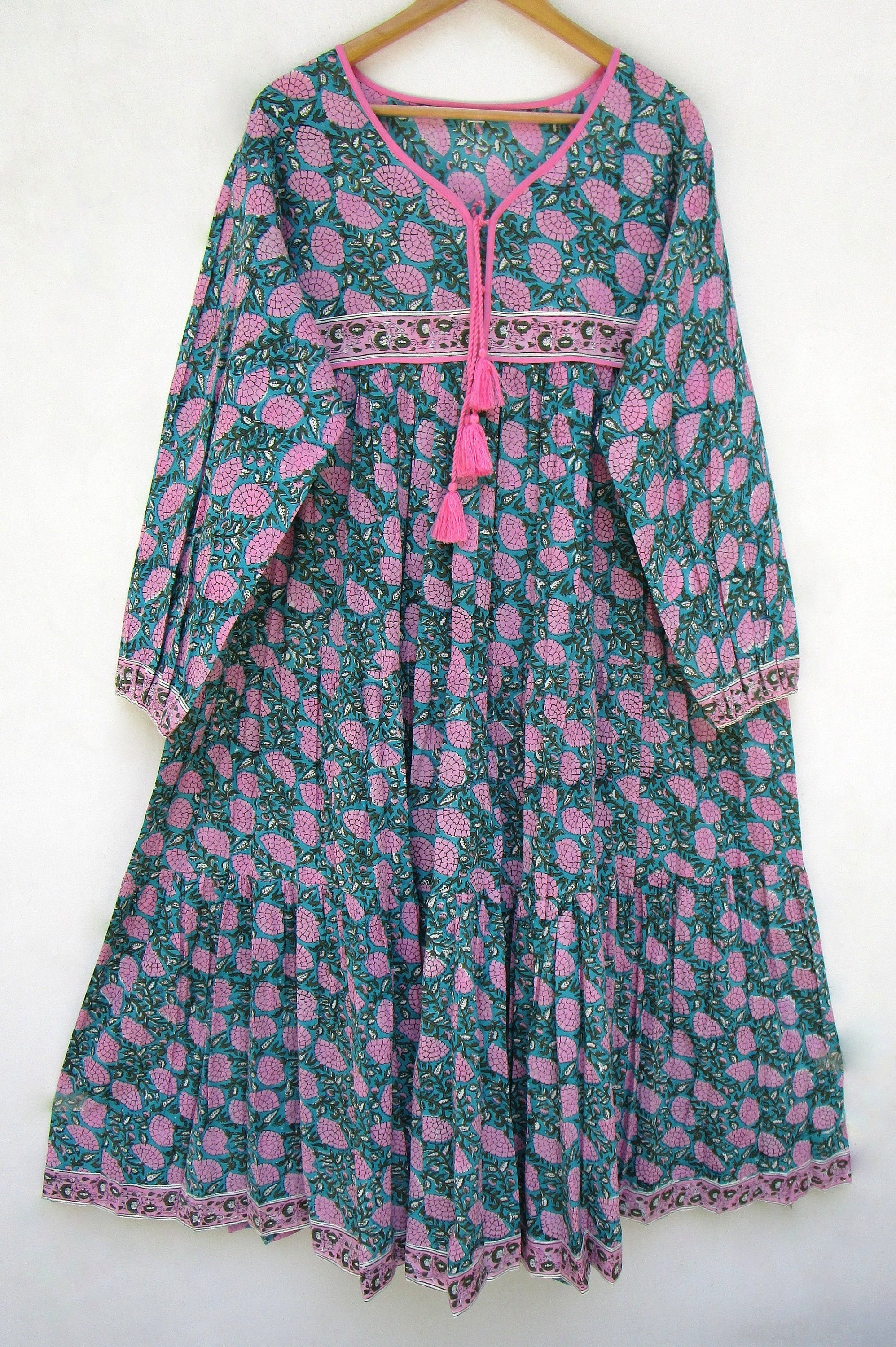 Pink sea green floral printed cotton long maxi dress v | Etsy