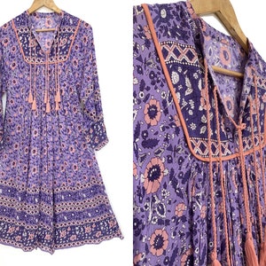 rayon purple pink flower hand printed vintage collar neck maxi dress women's girls long sleeve boho dress, plus size available, yoke dress