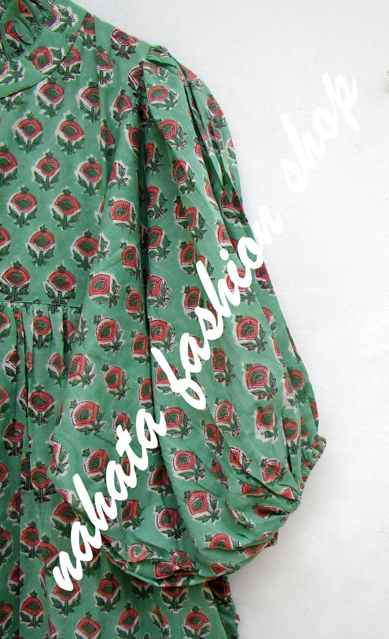 green pink floral printed cotton long maxi dress v neckline maxi dress 3/4th sleeve with button maxi dress image 3