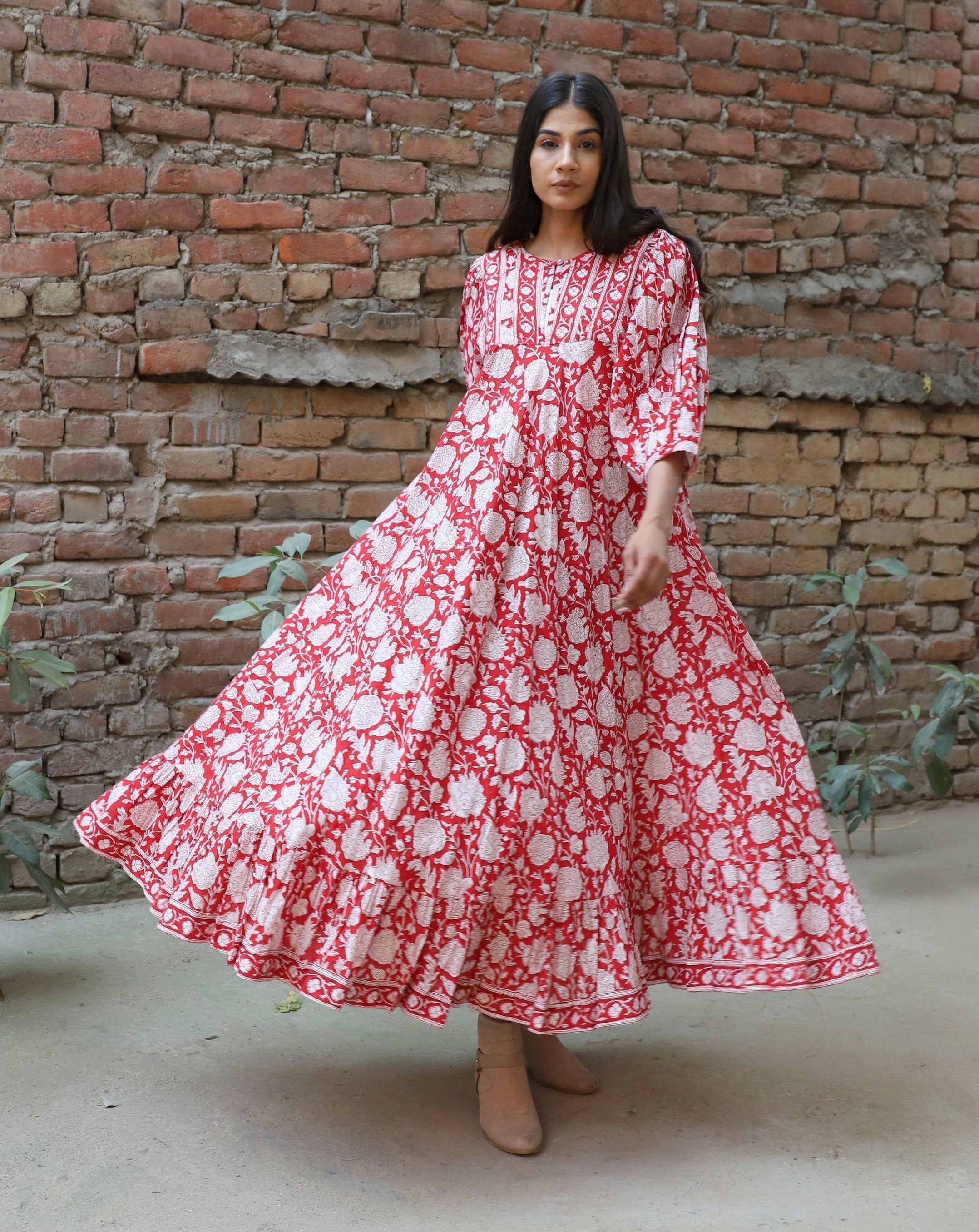 traditional red floral block printed long maxi dress - crew neckline with buttons cotton dress - 3/4th sleeve bohemian dress