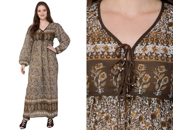 Algodón café marrón floral 70s vintage estampado maxi vestido - Etsy México Algodón café marrón floral 70s vintage estampado maxi vestido - Etsy México
